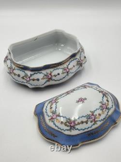 Vtg Limoges China Hand Painted Porcelain Large Dresser Powder Box Cobalt Gold