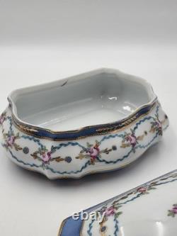 Vtg Limoges China Hand Painted Porcelain Large Dresser Powder Box Cobalt Gold