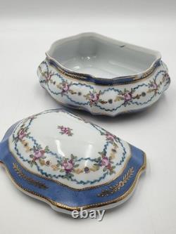 Vtg Limoges China Hand Painted Porcelain Large Dresser Powder Box Cobalt Gold