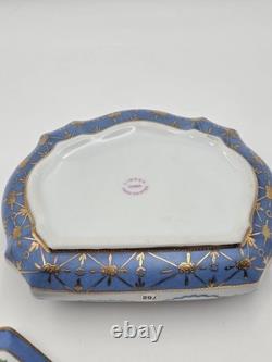 Vtg Limoges China Hand Painted Porcelain Large Dresser Powder Box Cobalt Gold