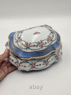 Vtg Limoges China Hand Painted Porcelain Large Dresser Powder Box Cobalt Gold