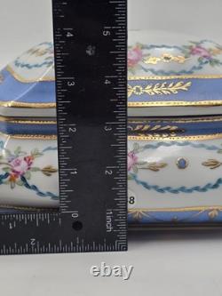 Vtg Limoges China Hand Painted Porcelain Large Dresser Powder Box Cobalt Gold