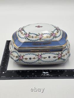 Vtg Limoges China Hand Painted Porcelain Large Dresser Powder Box Cobalt Gold