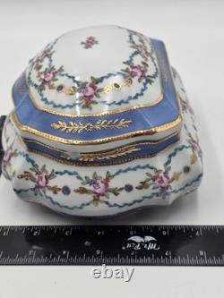 Vtg Limoges China Hand Painted Porcelain Large Dresser Powder Box Cobalt Gold