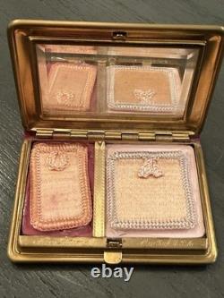 Vtg Mondaine Compact Book Style Leather Floral Dbl Vanity Rouge & Powder Box D2