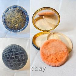 Vtg Round Compact Blue & Gold Enamel Floral Leather Bottom Mirrored Powder Box