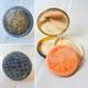Vtg Round Compact Blue & Gold Enamel Floral Leather Bottom Mirrored Powder Box