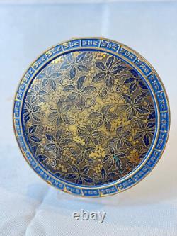 Vtg Round Compact Blue & Gold Enamel Floral Leather Bottom Mirrored Powder Box