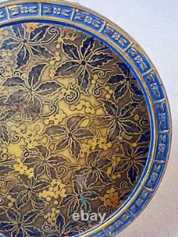 Vtg Round Compact Blue & Gold Enamel Floral Leather Bottom Mirrored Powder Box