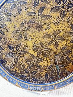 Vtg Round Compact Blue & Gold Enamel Floral Leather Bottom Mirrored Powder Box