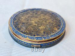 Vtg Round Compact Blue & Gold Enamel Floral Leather Bottom Mirrored Powder Box