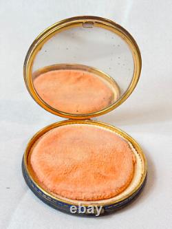 Vtg Round Compact Blue & Gold Enamel Floral Leather Bottom Mirrored Powder Box