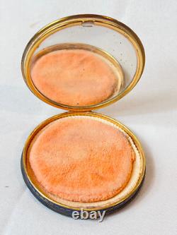Vtg Round Compact Blue & Gold Enamel Floral Leather Bottom Mirrored Powder Box