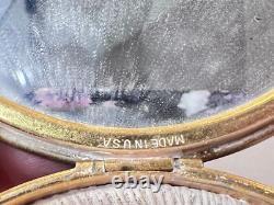 Vtg Round Compact Blue & Gold Enamel Floral Leather Bottom Mirrored Powder Box