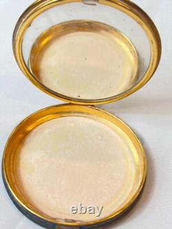 Vtg Round Compact Blue & Gold Enamel Floral Leather Bottom Mirrored Powder Box