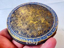 Vtg Round Compact Blue & Gold Enamel Floral Leather Bottom Mirrored Powder Box