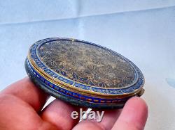 Vtg Round Compact Blue & Gold Enamel Floral Leather Bottom Mirrored Powder Box