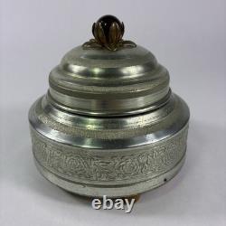 Vtg Silver Aluminum Round Vanity Powder Puff Music Trinket Box Flower Top Works