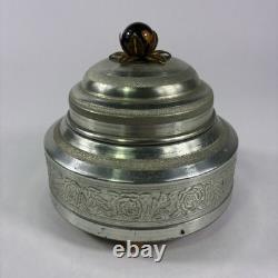 Vtg Silver Aluminum Round Vanity Powder Puff Music Trinket Box Flower Top Works