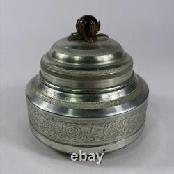 Vtg Silver Aluminum Round Vanity Powder Puff Music Trinket Box Flower Top Works