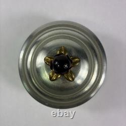 Vtg Silver Aluminum Round Vanity Powder Puff Music Trinket Box Flower Top Works