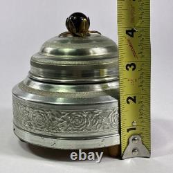 Vtg Silver Aluminum Round Vanity Powder Puff Music Trinket Box Flower Top Works
