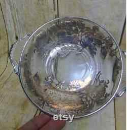 Vtg Silver Rim and Roses Candy Trinket Glass Dish (4e)
