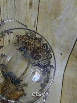 Vtg Silver Rim and Roses Candy Trinket Glass Dish (4e)