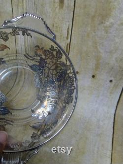 Vtg Silver Rim and Roses Candy Trinket Glass Dish (4e)