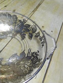 Vtg Silver Rim and Roses Candy Trinket Glass Dish (4e)