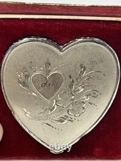 Vtg Sterling Silver La Mode Heart Compact WithPowder Puff &Mirror in Original Box
