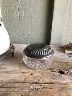 Waterford Crystal Powder Jar With Lid Silver Plate Iveagh Pattern Vanity Jar 3.50 Inch Diameter 2.50 Inch Height Patina