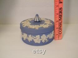Wedgewood Blue Jasperware Powder Dish, Vintage 1950s Covered Bowl with Tent Style Handle, Jewelry Dish, or other uses
