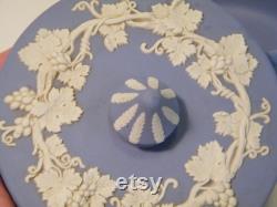 Wedgewood Blue Jasperware Powder Dish, Vintage 1950s Covered Bowl with Tent Style Handle, Jewelry Dish, or other uses