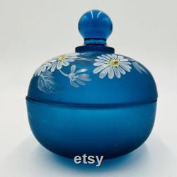 Westmoreland Blue Satin Glass Lidded Trinket Vanity Dish Hand painted Daisies