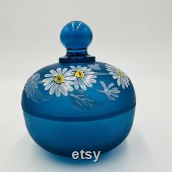 Westmoreland Blue Satin Glass Lidded Trinket Vanity Dish Hand painted Daisies