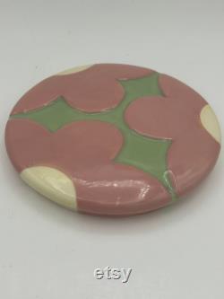 Whitney Smith Pottery 5 Green Ceramic Dressing Powder Jar Trinket Jewelry Box With Lid And Raised Pink Daisy Flower Motif Made In China