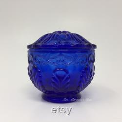 Wilkerson Glass Cobalt Blue Scroll and Leaf Powder Trinket Box