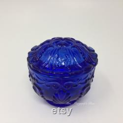 Wilkerson Glass Cobalt Blue Scroll and Leaf Powder Trinket Box