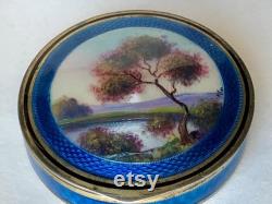 Wonderful Scenic Guilloche Compact Artisan Signed Sterling Silver Tiny Hallmarks Antique 1915 Makeup Collectible Beautiful enamel Small Chip