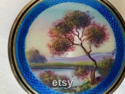 Wonderful Scenic Guilloche Compact Artisan Signed Sterling Silver Tiny Hallmarks Antique 1915 Makeup Collectible Beautiful enamel Small Chip