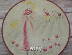 YANKEE CLOVER POWDER Vintage Richard Hudnut Scented Dusting Powder Empty 7 Oz. Round Metal Container Farm Scene Cowboy Great Graphics