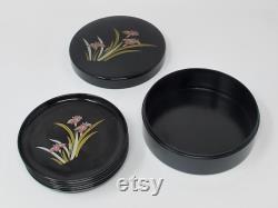 Yamanaka Black Lacquered Plastic Powder Box With 6 Matching Coasters