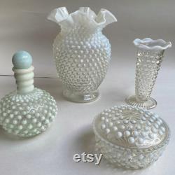 Your Choice Vintage Moonstone Opalescent Glass Perfume Bottle with Stopper Powder Box and Lid 8 Crimped Vase OR Bud Vase FREE SHIPPING