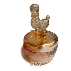 Your Choice of ONE (1) Vintage Iridescent Marigold Glass Powder Jar with Figural Finial Lid by Jeannette Glass 1940s FREE SHIPPING