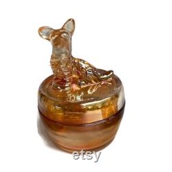 Your Choice of ONE (1) Vintage Iridescent Marigold Glass Powder Jar with Figural Finial Lid by Jeannette Glass 1940s FREE SHIPPING