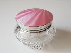 art deco sterling silver with pink enamel and cut glass powder pot, storage jar