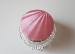 art deco sterling silver with pink enamel and cut glass powder pot, storage jar