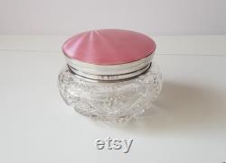 art deco sterling silver with pink enamel and cut glass powder pot, storage jar