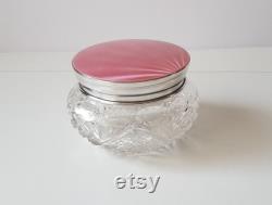 art deco sterling silver with pink enamel and cut glass powder pot, storage jar